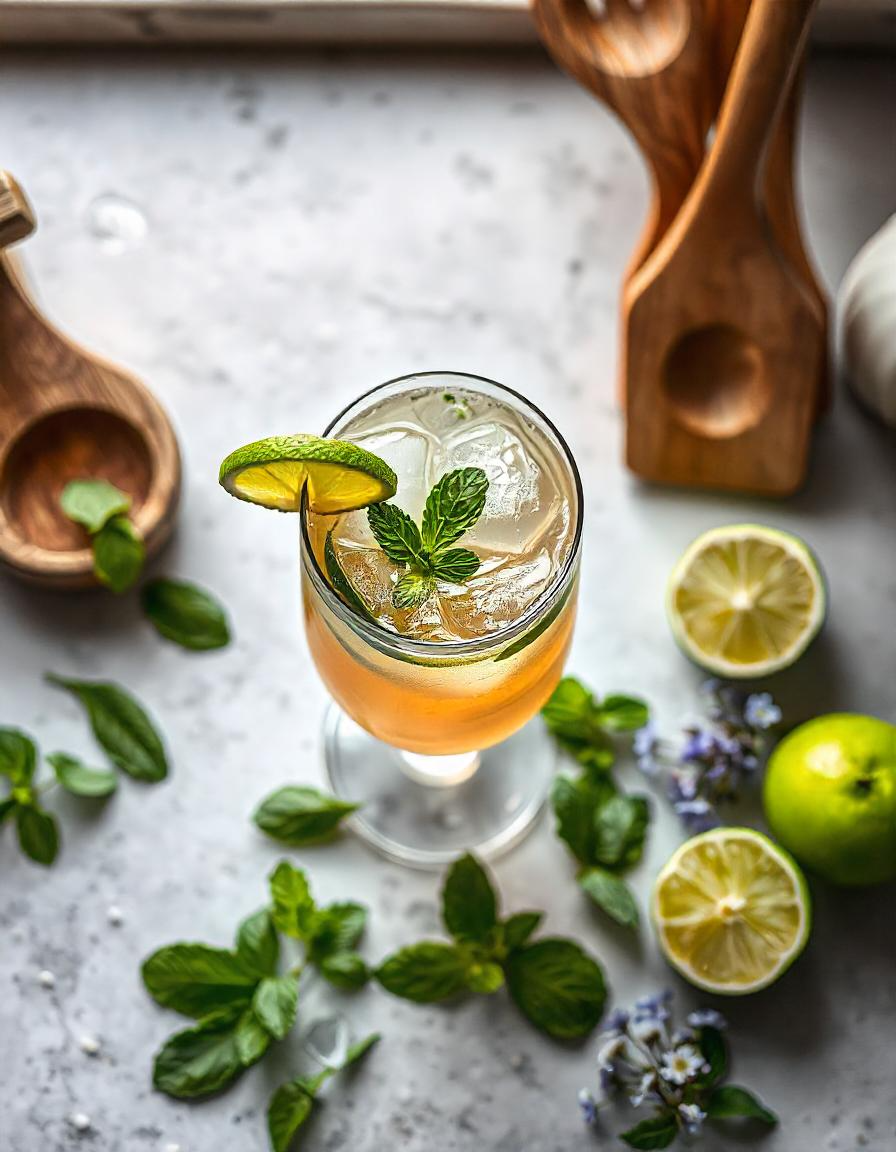 a glass of drink with ice and limes