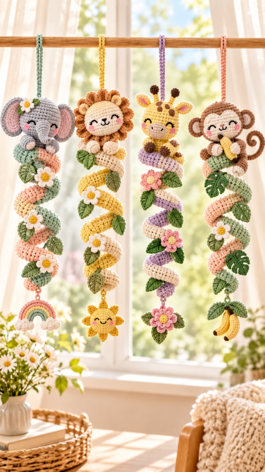 Two Color Back Loop Stitch Crochet Safari Friends Spiral Hanging Collection – Homirecipes