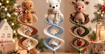 Three crocheted Christmas ornaments with spiral bases and amigurumi holiday characters—a gingerbread person, polar bear, and reindeer—hanging decoratively.