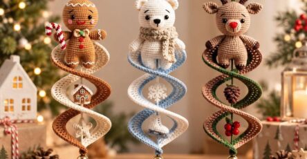 Three crocheted Christmas ornaments with spiral bases and amigurumi holiday characters—a gingerbread person, polar bear, and reindeer—hanging decoratively.