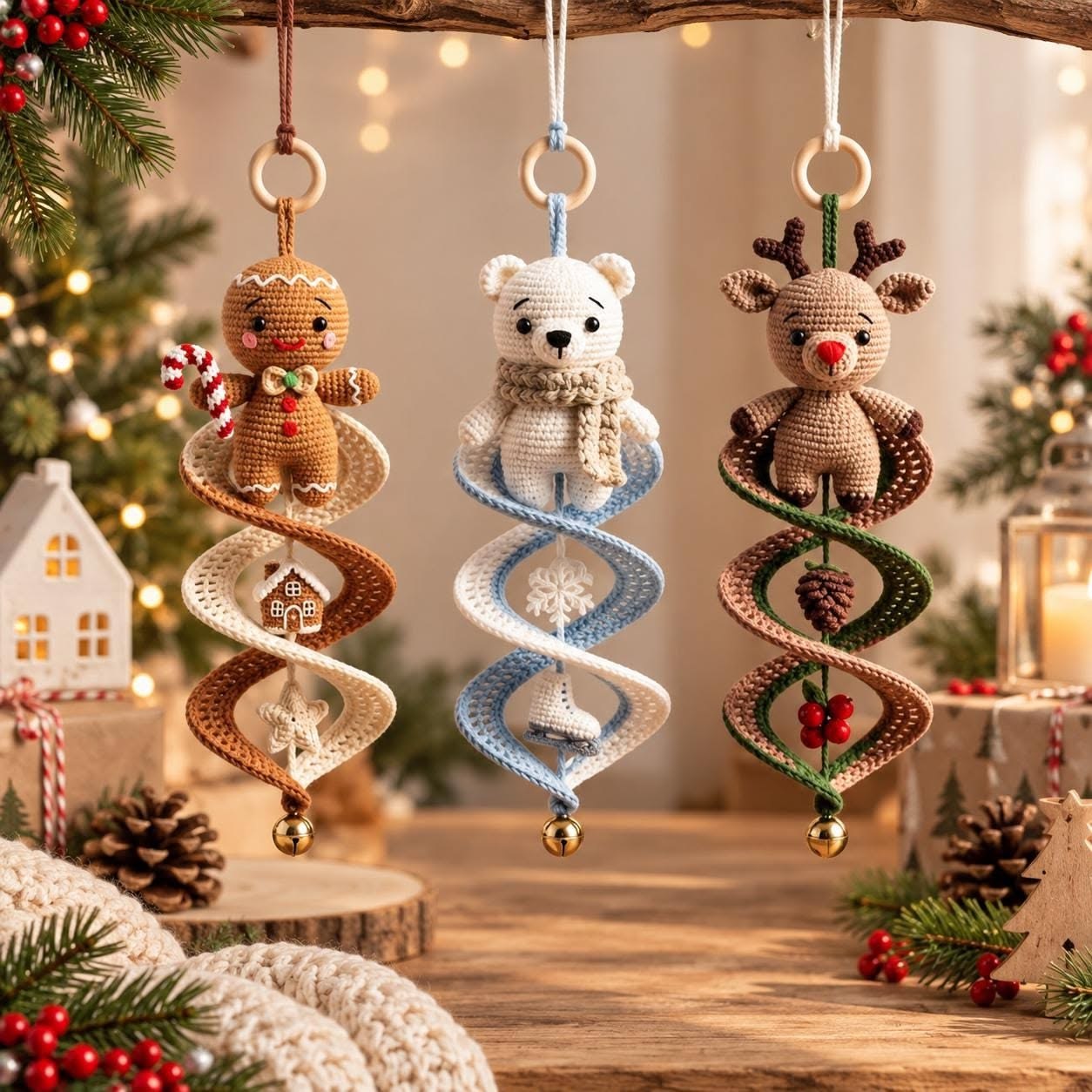 Three crocheted Christmas ornaments with spiral bases and amigurumi holiday characters—a gingerbread person, polar bear, and reindeer—hanging decoratively.