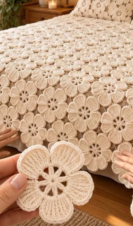A handmade crochet bedspread made up of cream-colored large flower motifs joined together, with a close-up of one motif held in hand.