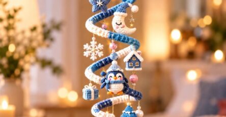 Hand-crocheted blue and white spiral mobile with amigurumi charms including a penguin, star, snowflake, gifts, and festive ornaments.