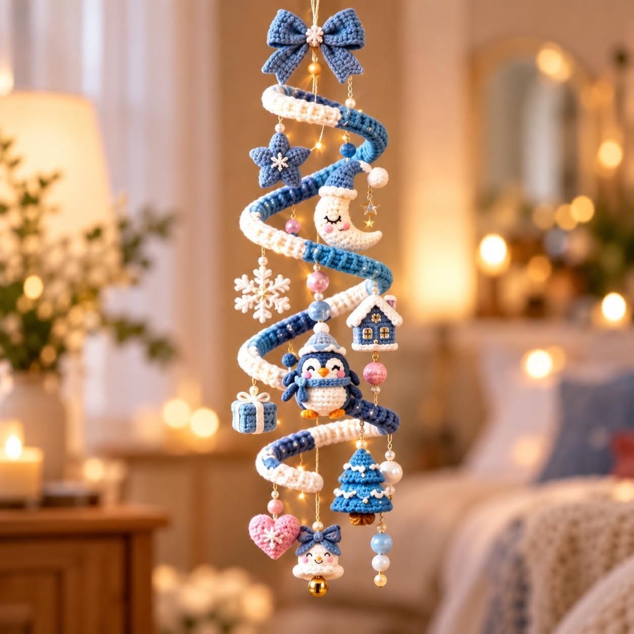 Hand-crocheted blue and white spiral mobile with amigurumi charms including a penguin, star, snowflake, gifts, and festive ornaments.
