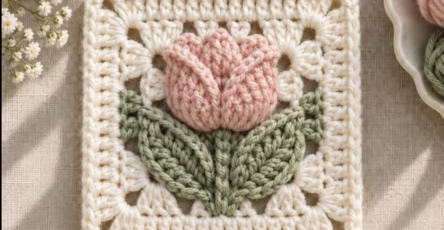 A crochet granny square featuring a three-dimensional pink tulip flower and two green leaves on a cream lace background.