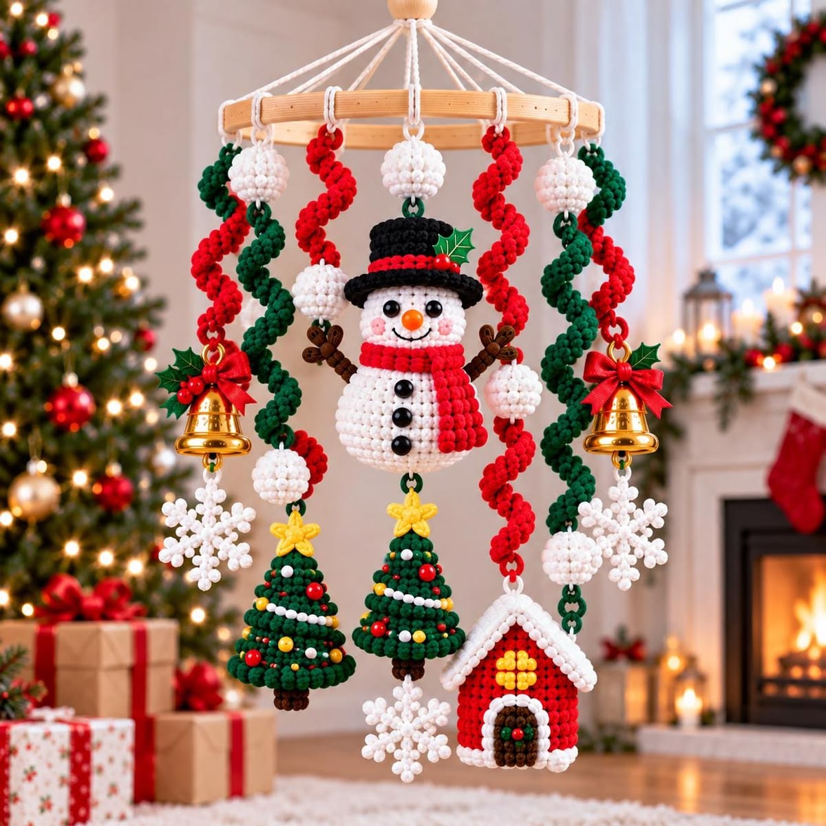 Crocheted Christmas mobile with snowman, Christmas trees, house, snowflakes, bells, and spiral garlands hanging from a wooden ring.