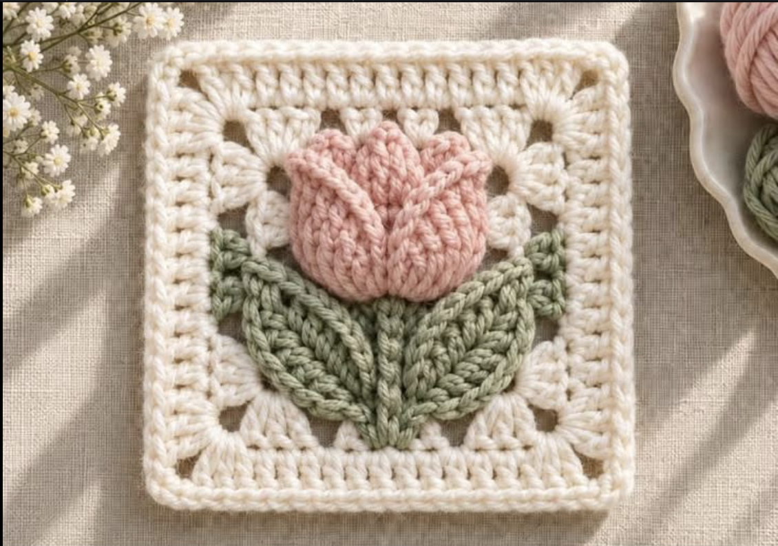 A crochet granny square featuring a three-dimensional pink tulip flower and two green leaves on a cream lace background.
