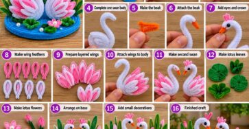 Crochet swans with pink wings and crowns on a blue base, surrounded by lotus flowers and green leaves, shown step by step.
