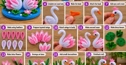 Crochet swans with pink wings and crowns on a blue base, surrounded by lotus flowers and green leaves, shown step by step.