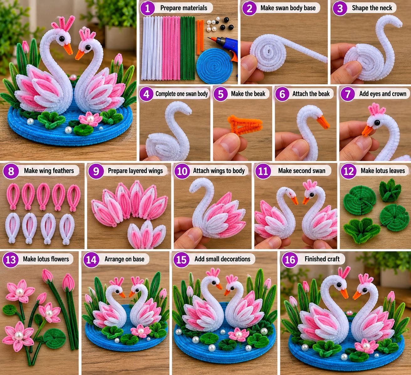 Crochet swans with pink wings and crowns on a blue base, surrounded by lotus flowers and green leaves, shown step by step.