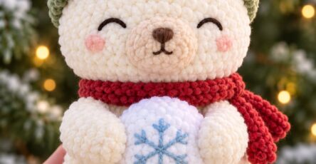A cute crocheted bear plush with a green hat, red scarf, and holding a snowball with a blue stitched snowflake, held in a hand outdoors.