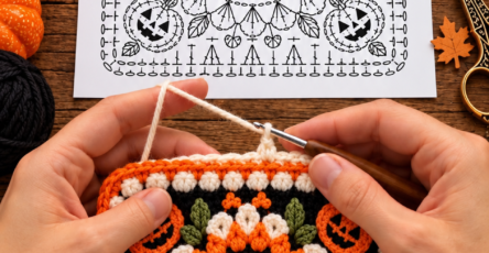 A crocheted square featuring a cute white ghost center, surrounded by orange and black rounds, leafy accents, and small jack-o'-lantern motifs.