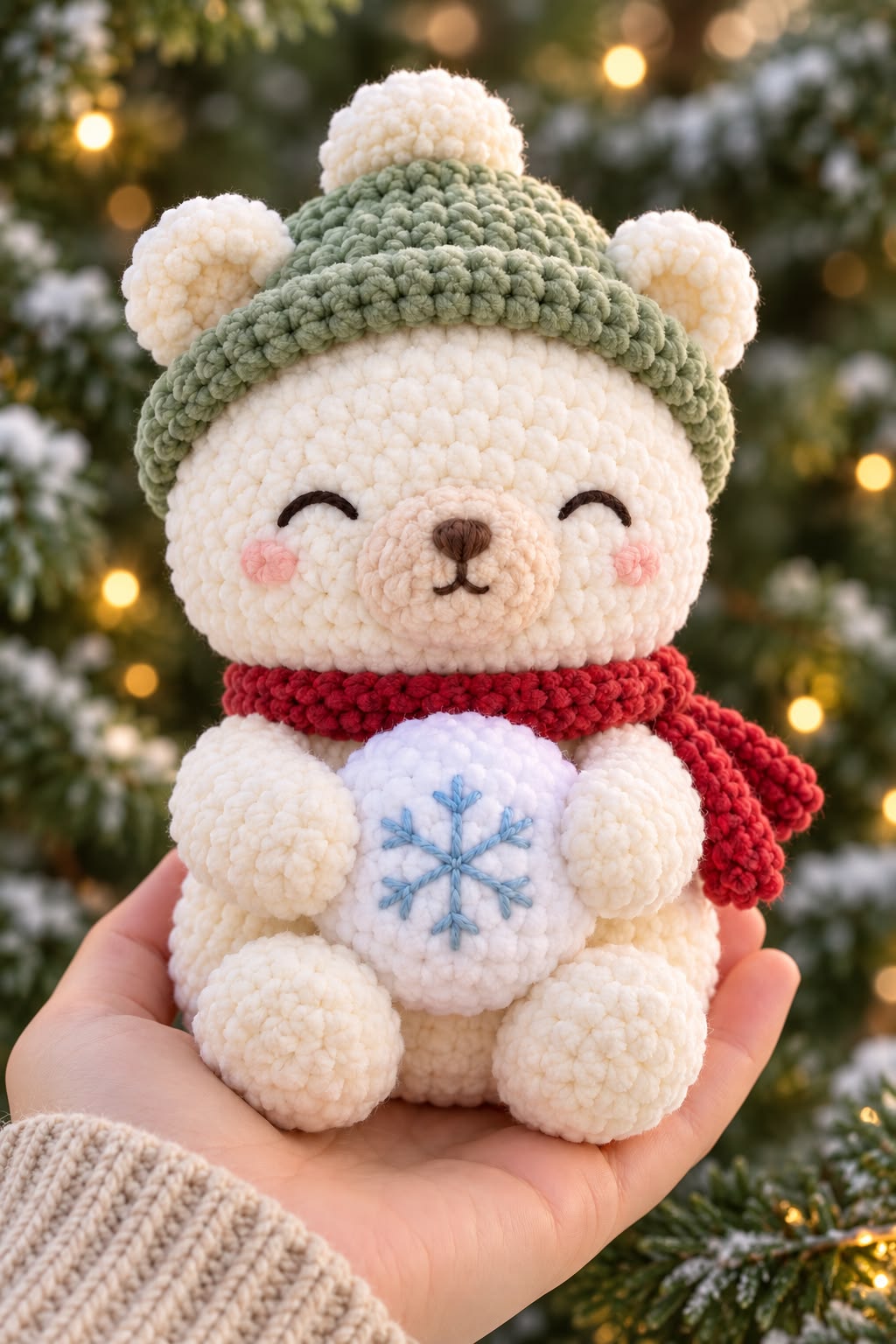 A cute crocheted bear plush with a green hat, red scarf, and holding a snowball with a blue stitched snowflake, held in a hand outdoors.