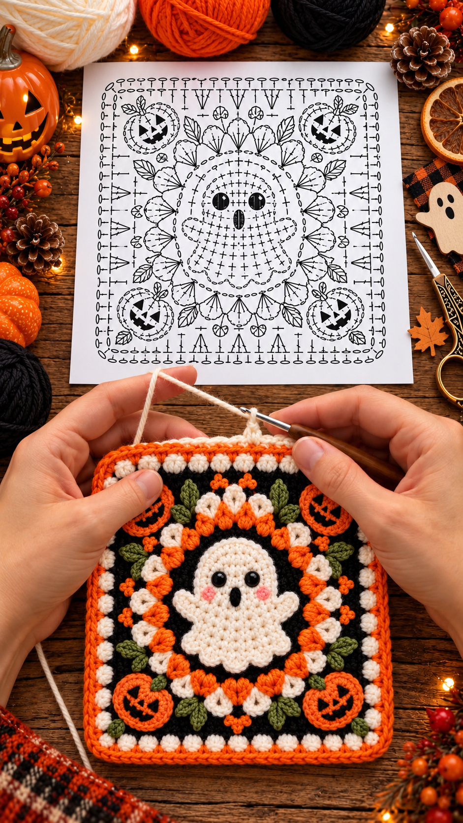 A crocheted square featuring a cute white ghost center, surrounded by orange and black rounds, leafy accents, and small jack-o'-lantern motifs.