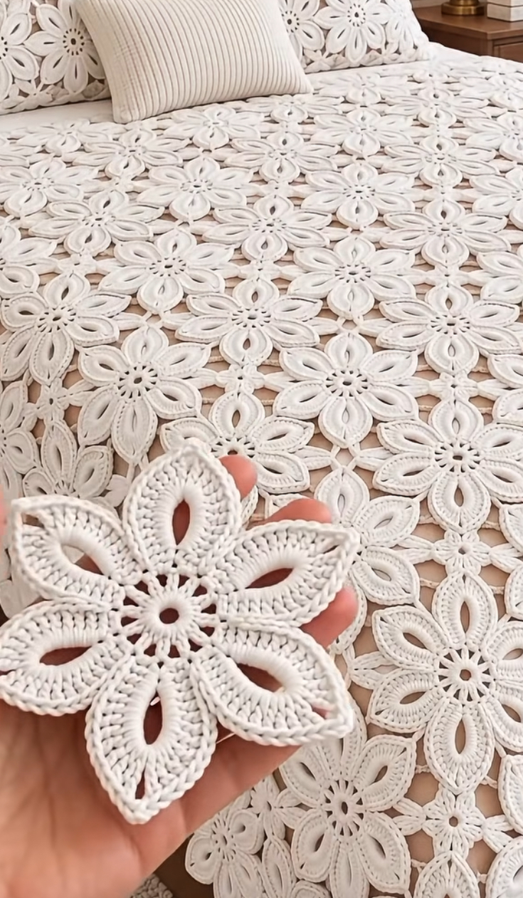 A hand holding a white crocheted flower motif in front of a bedspread made of similar joined motifs.