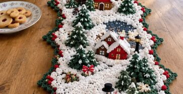 A crocheted table runner with 3D snowy houses, pine trees, a snowman, and festive winter decor in the center of a wooden table.