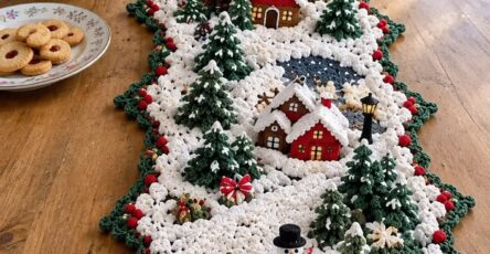 A crocheted table runner with 3D snowy houses, pine trees, a snowman, and festive winter decor in the center of a wooden table.