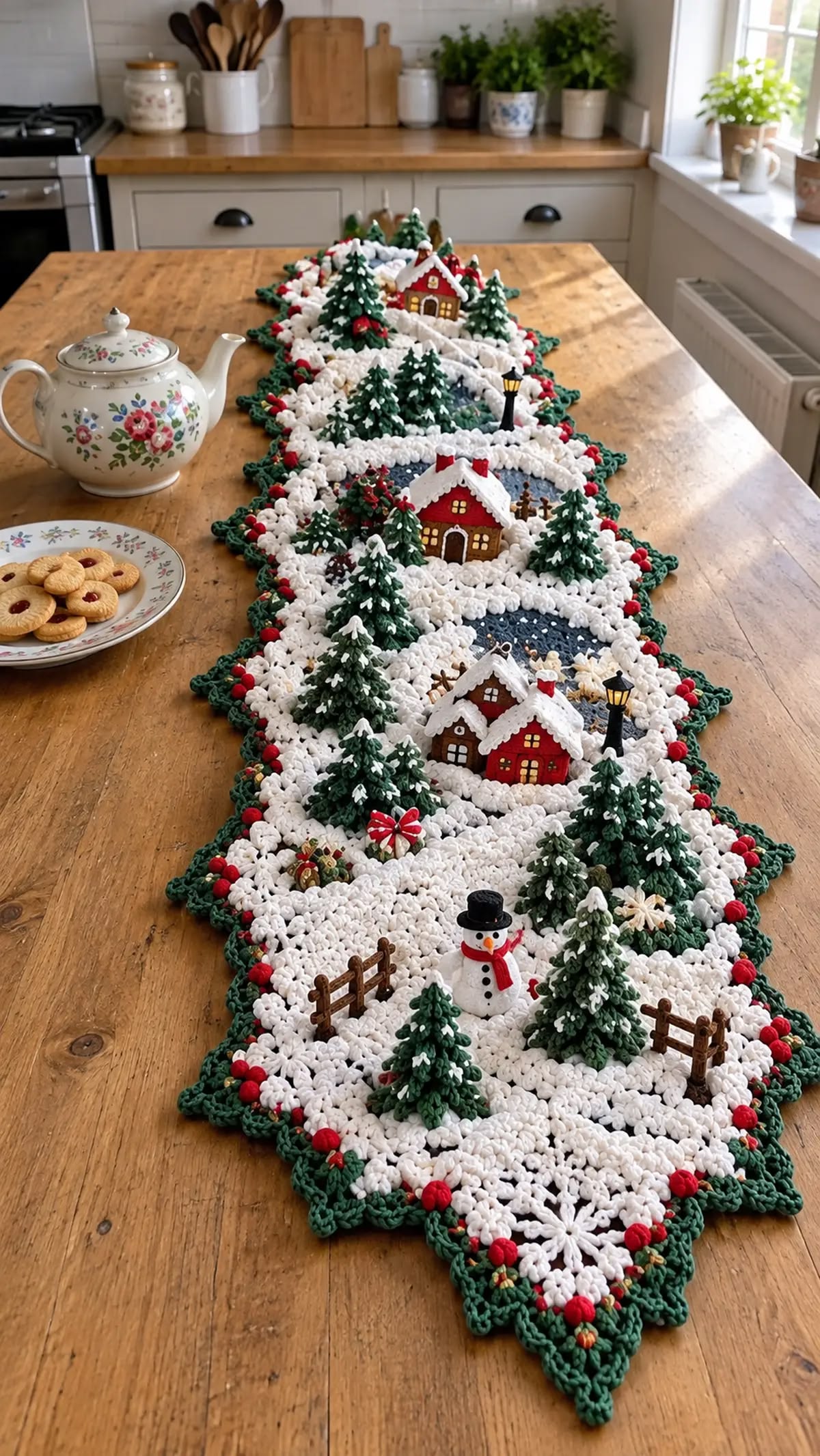 A crocheted table runner with 3D snowy houses, pine trees, a snowman, and festive winter decor in the center of a wooden table.