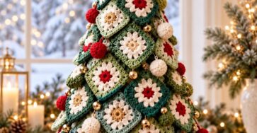 A multi-colored crochet Christmas tree made from granny squares, decorated with pom-poms, a bow, and a star topper, displayed indoors.