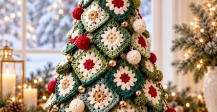 A multi-colored crochet Christmas tree made from granny squares, decorated with pom-poms, a bow, and a star topper, displayed indoors.