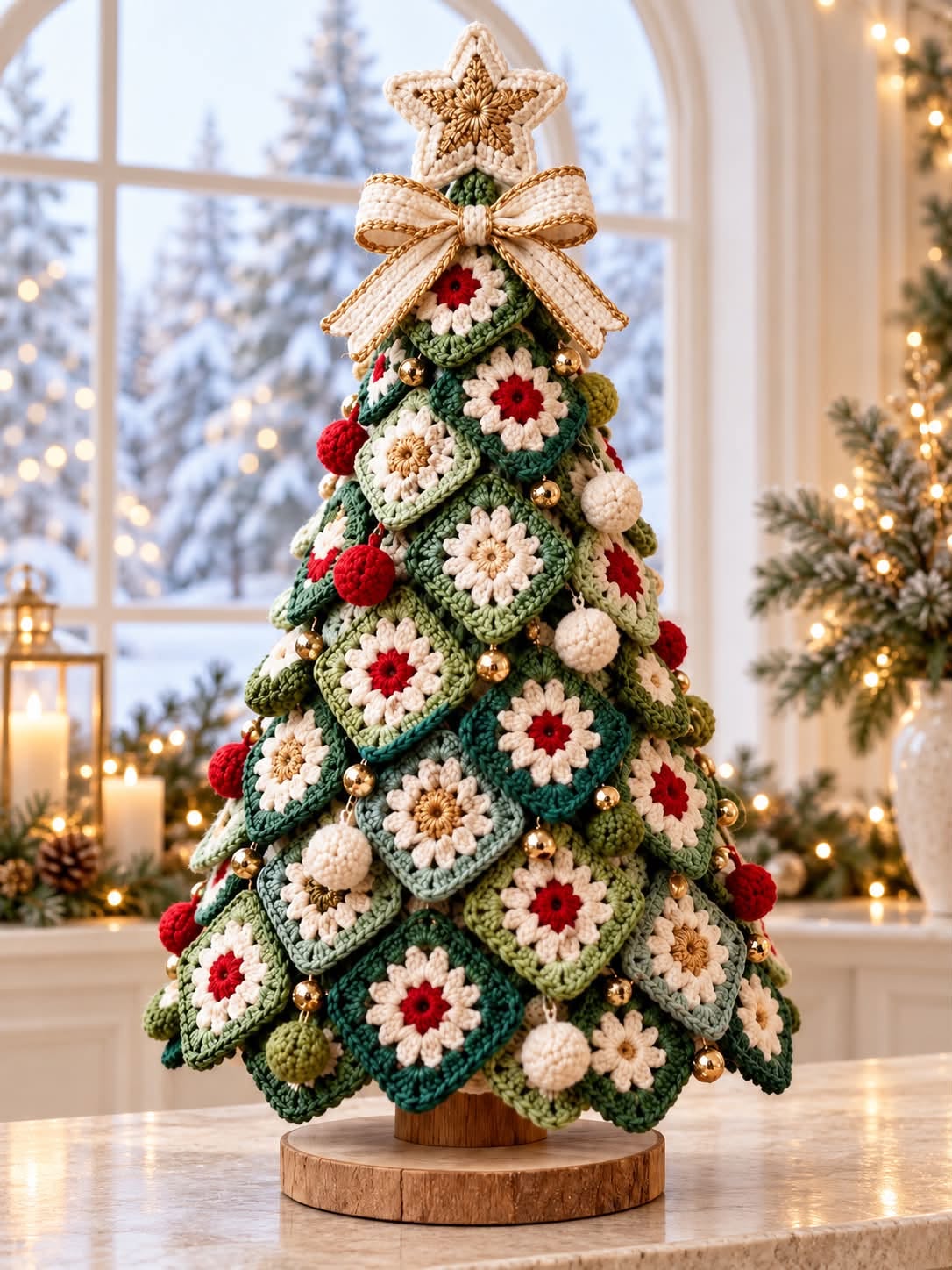 A multi-colored crochet Christmas tree made from granny squares, decorated with pom-poms, a bow, and a star topper, displayed indoors.