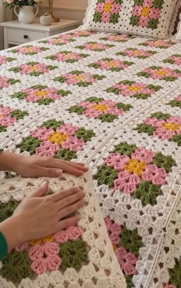 A bed with a crocheted blanket and pillow, both made of colorful floral granny squares in pink, yellow, green, and white tones.