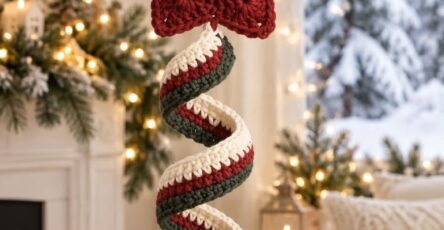 A crochet ornament featuring a red star, green-white-red spiral tail, and an off-white tassel, perfect as a Christmas decoration.