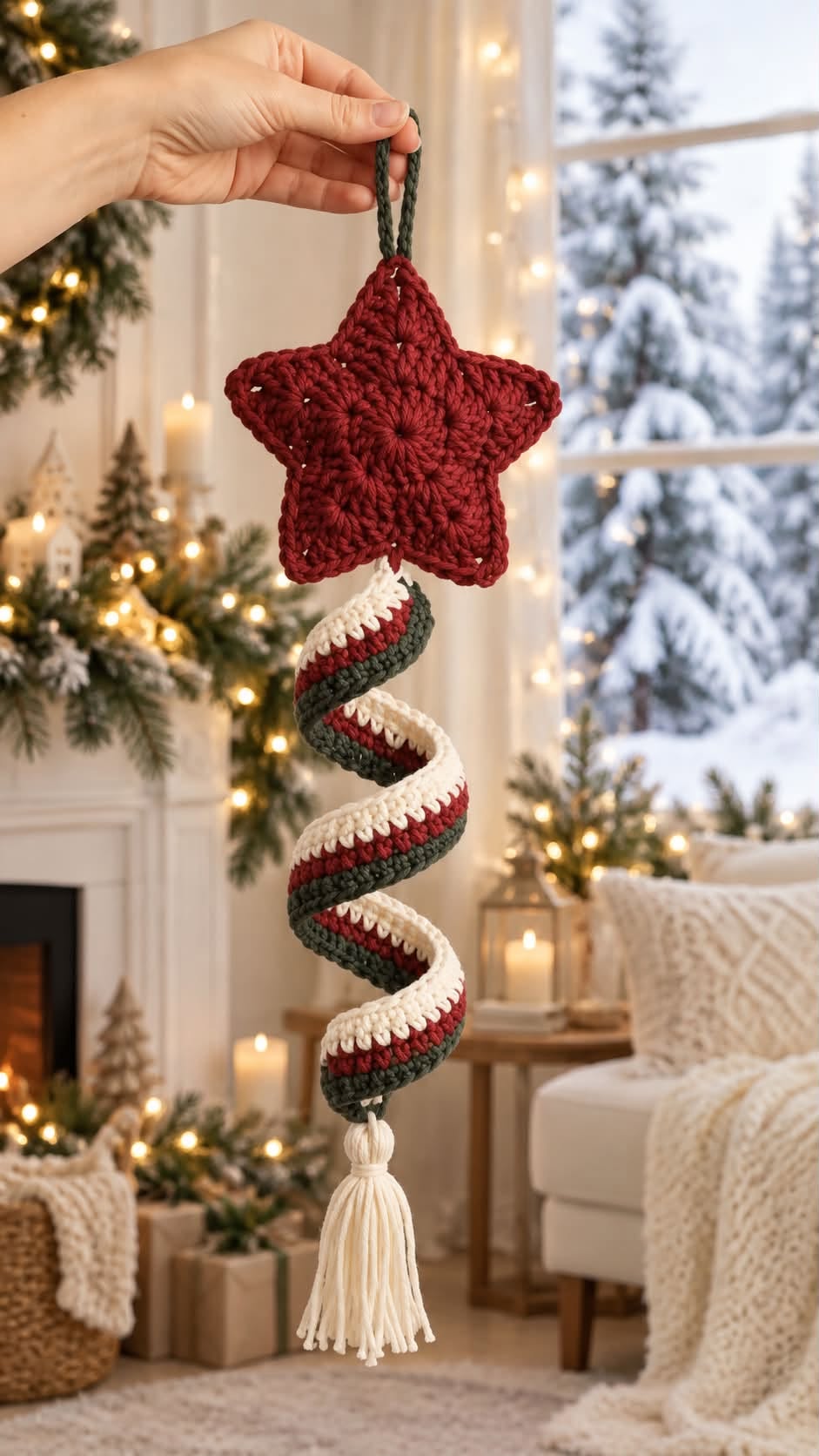 A crochet ornament featuring a red star, green-white-red spiral tail, and an off-white tassel, perfect as a Christmas decoration.