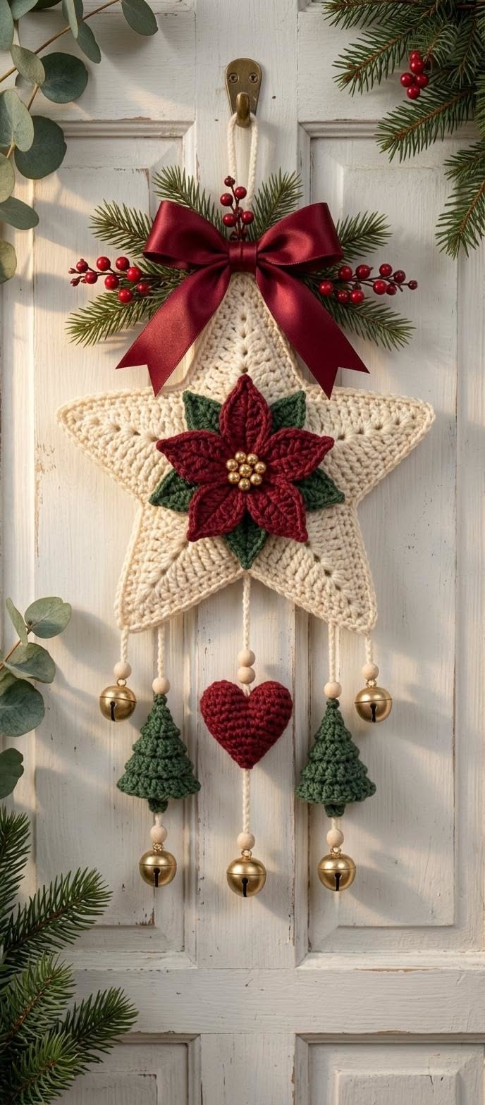 A festive crochet wall hanging with a cream star, red poinsettia, green leaves, hanging trees, heart, bells, and a red ribbon bow.