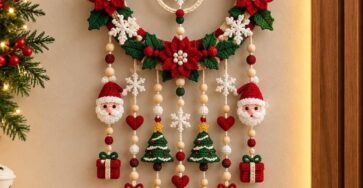 A handmade crochet Christmas wall hanging featuring a large wreath with red poinsettias, holly leaves, snowflakes, Santa faces, bells, trees, and gift motifs.