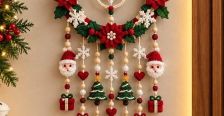 A handmade crochet Christmas wall hanging featuring a large wreath with red poinsettias, holly leaves, snowflakes, Santa faces, bells, trees, and gift motifs.