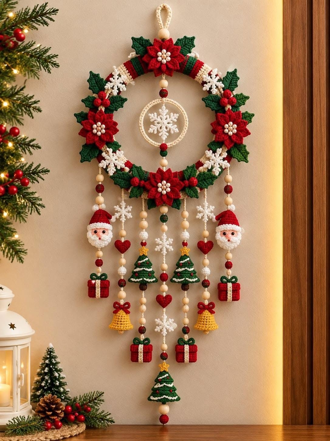 A handmade crochet Christmas wall hanging featuring a large wreath with red poinsettias, holly leaves, snowflakes, Santa faces, bells, trees, and gift motifs.