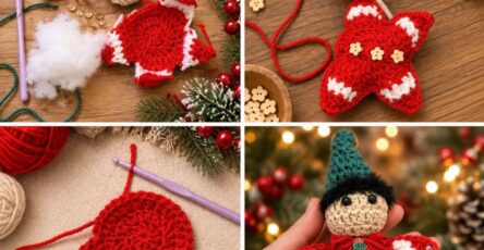 A handmade crochet Christmas elf ornament with a red and white star body, beige head, green hat, and festive button and bow decorations.