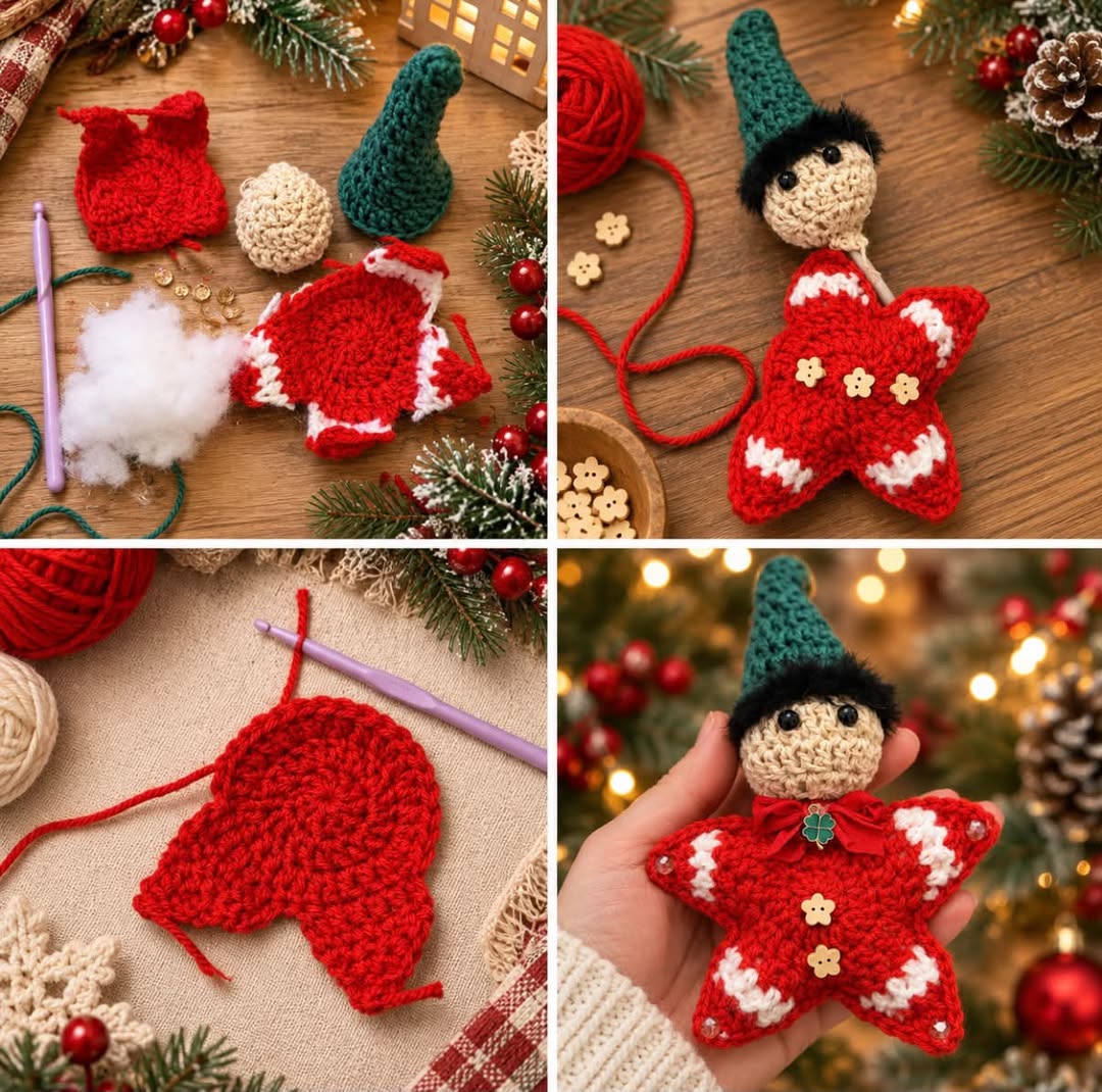 A handmade crochet Christmas elf ornament with a red and white star body, beige head, green hat, and festive button and bow decorations.