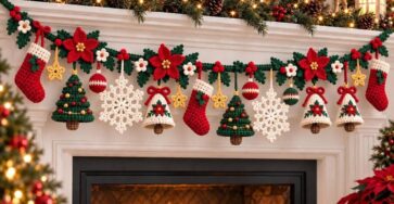 A detailed crochet Christmas garland with stockings, Christmas trees, bells, snowflakes, poinsettias, stars, and ornaments hanging across a fireplace mantel.