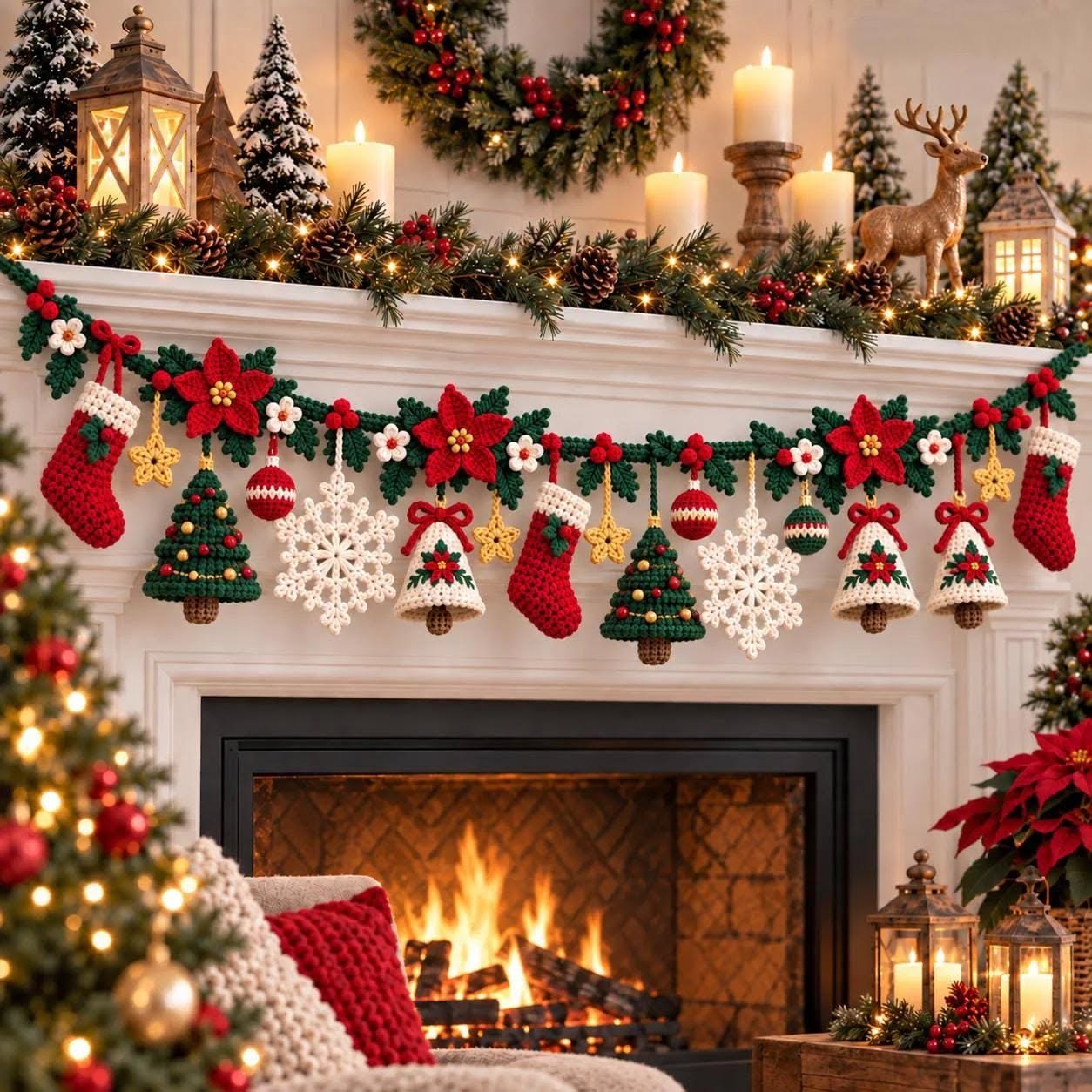 A detailed crochet Christmas garland with stockings, Christmas trees, bells, snowflakes, poinsettias, stars, and ornaments hanging across a fireplace mantel.