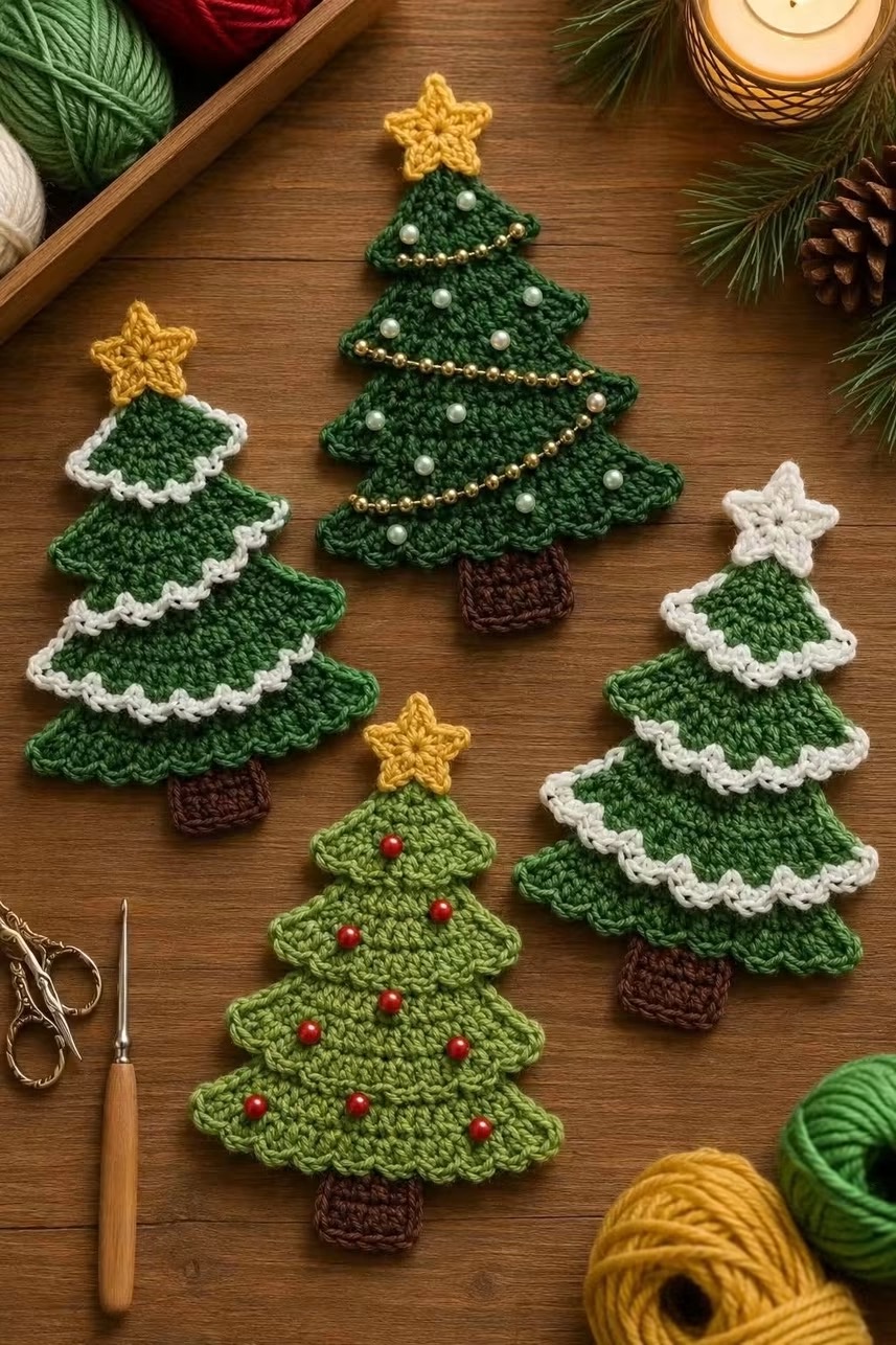 Four crocheted flat Christmas tree appliqués, each with a star on top, decorated branches, and textured details.