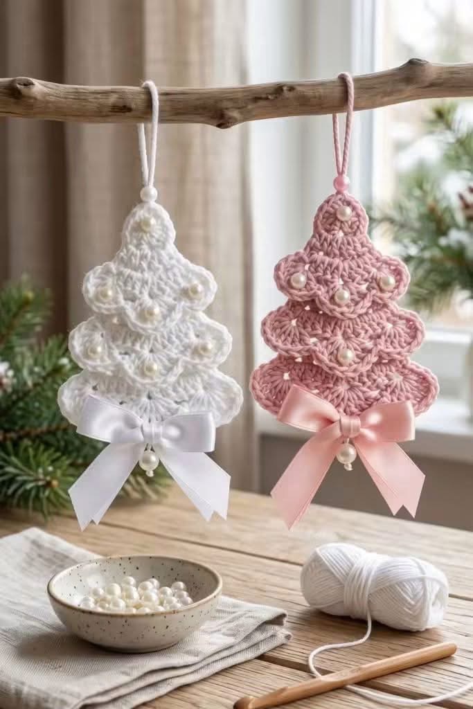 Two crocheted Christmas tree ornaments, one white and one pink, decorated with pearls and bows, hanging side by side.