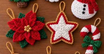 A set of colorful crochet Christmas ornaments shaped like Santa, a tree, snowman, star, poinsettia, gingerbread man, reindeer, candy cane, and bauble.