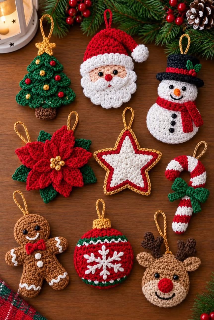 A set of colorful crochet Christmas ornaments shaped like Santa, a tree, snowman, star, poinsettia, gingerbread man, reindeer, candy cane, and bauble.
