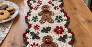 A crocheted table runner with gingerbread men, candy canes, red and green flowers, and holly leaves on a white background.