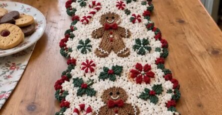 A crocheted table runner with gingerbread men, candy canes, red and green flowers, and holly leaves on a white background.