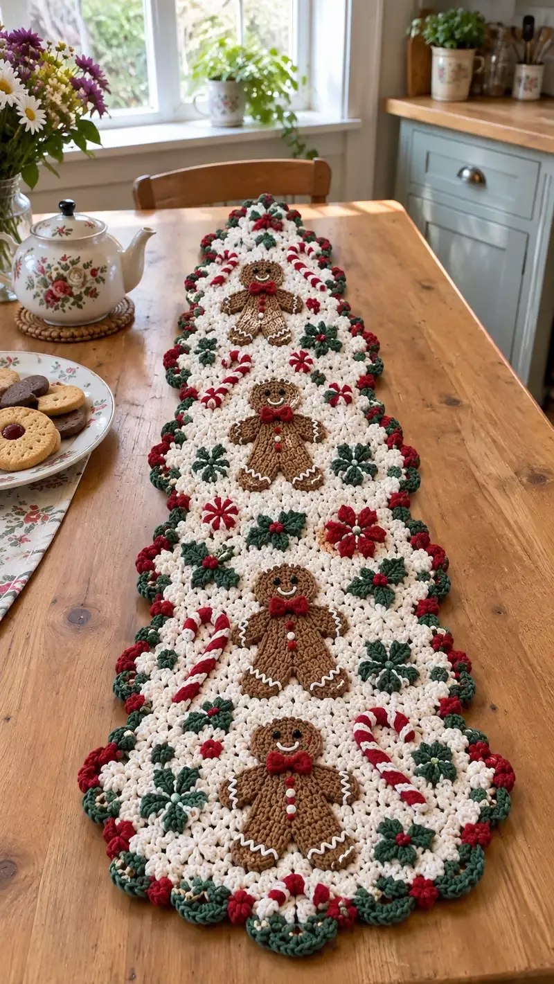 A crocheted table runner with gingerbread men, candy canes, red and green flowers, and holly leaves on a white background.