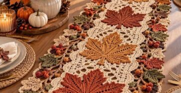 A crocheted table runner with large autumn maple leaves in rusty red, gold, and brown, bordered by textured green and orange leaves and small berry clusters.