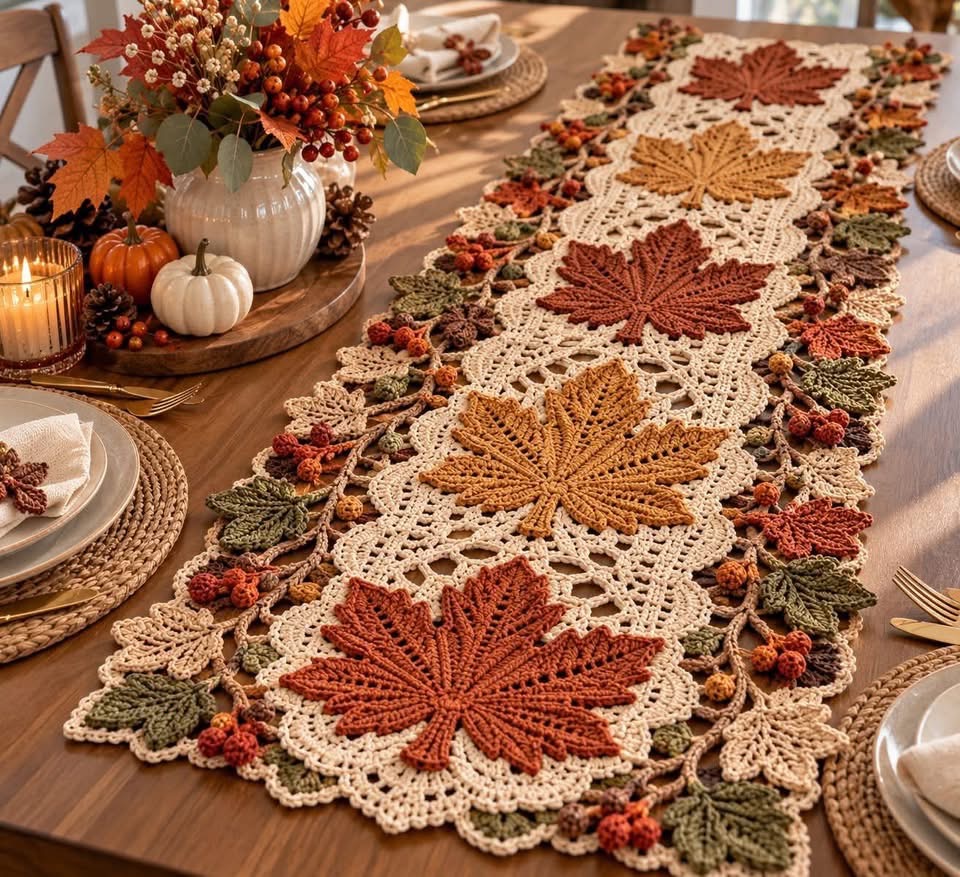 A crocheted table runner with large autumn maple leaves in rusty red, gold, and brown, bordered by textured green and orange leaves and small berry clusters.