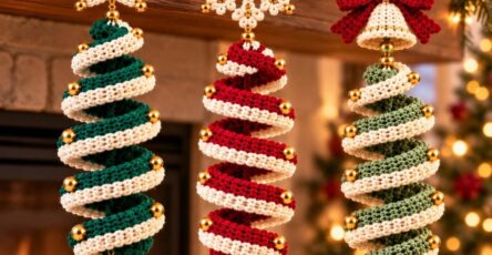 Three crochet spiral Christmas tree ornaments with striped patterns, gold jingle bells, beaded stars, and a bow, hanging in front of a holiday-decorated mantel.