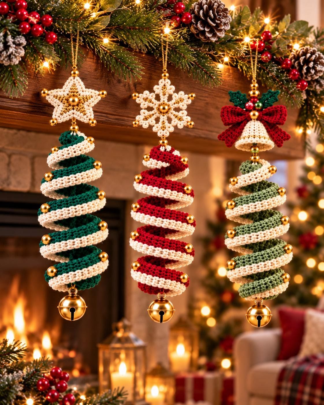 Three crochet spiral Christmas tree ornaments with striped patterns, gold jingle bells, beaded stars, and a bow, hanging in front of a holiday-decorated mantel.