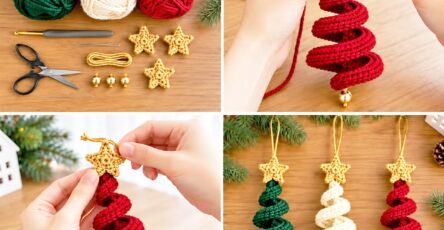 Spiral crochet Christmas tree ornaments in red, green, and cream yarn, each topped with a gold crocheted star and hung with a gold thread loop.