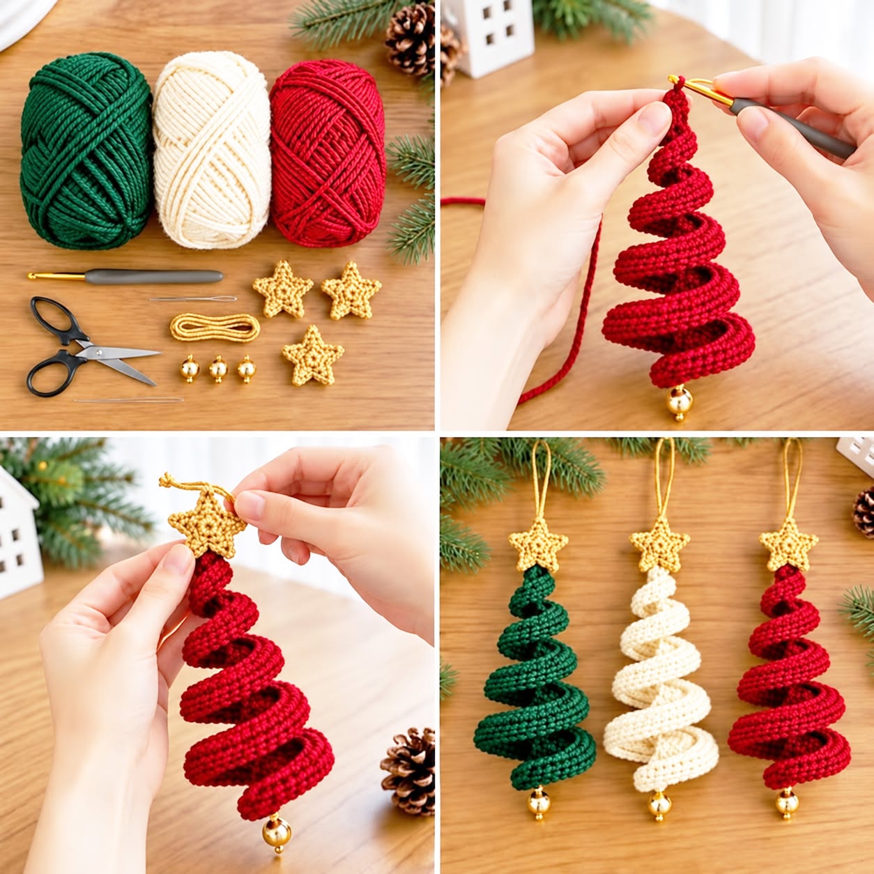 Spiral crochet Christmas tree ornaments in red, green, and cream yarn, each topped with a gold crocheted star and hung with a gold thread loop.