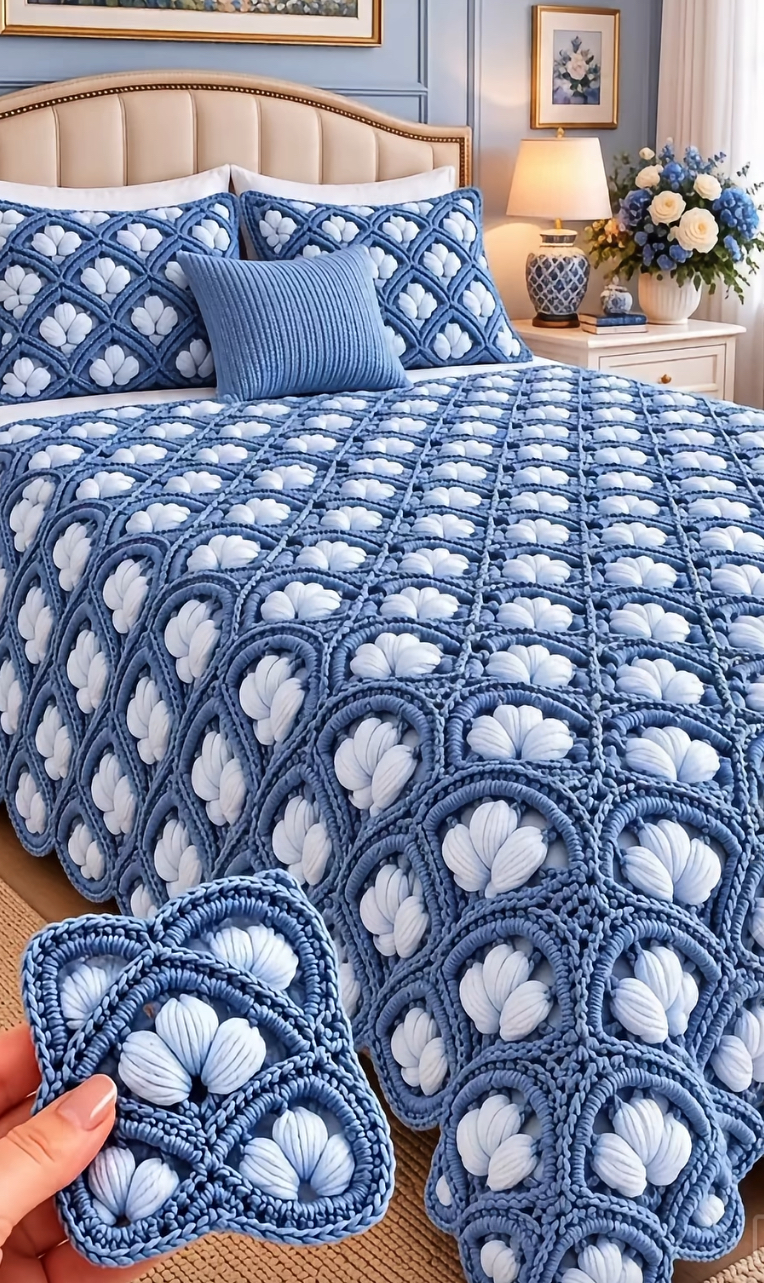 A plush crochet bedspread with intricate blue and white petal motifs joined as squares, displayed on a neatly made bed with matching pillows.
